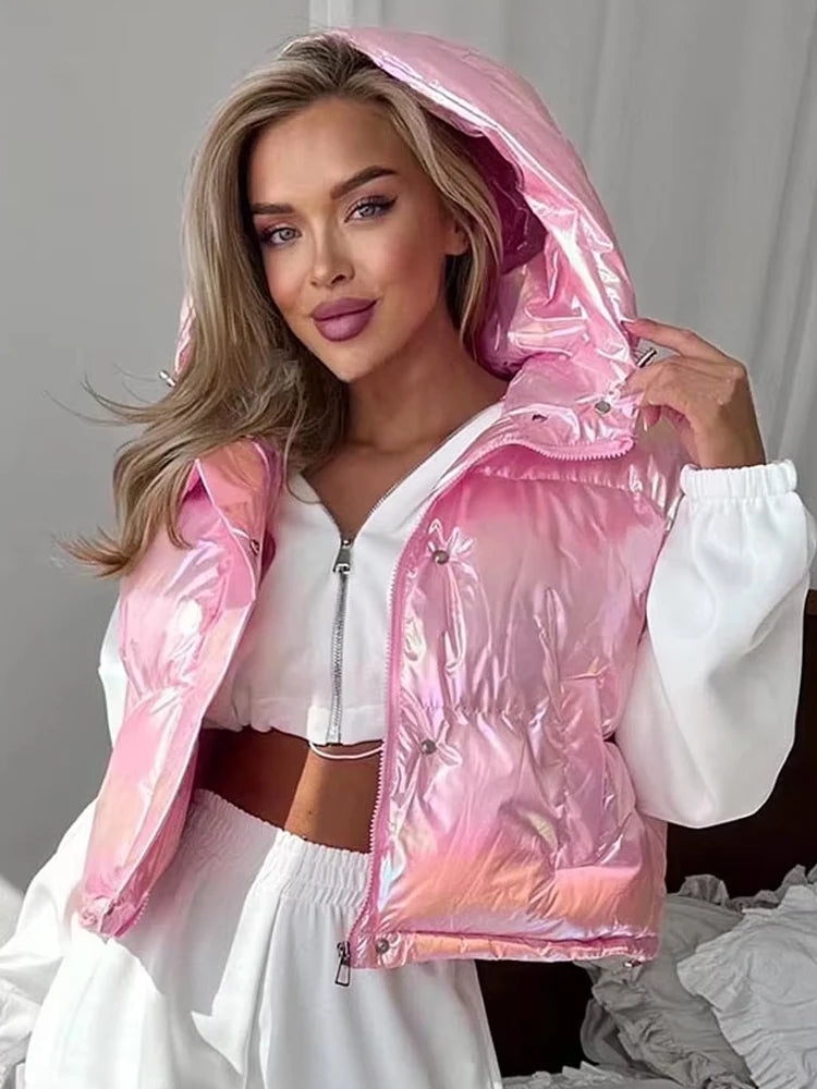 Casual Hooded Zip Crop Tank Tops Women Warm Shirring Hem Metal Buckle Basic Street Quilted Warm Stree Vest Jacket