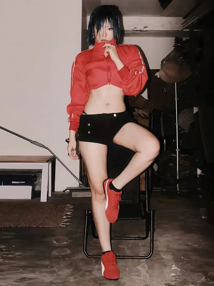 Casuals Patchwork Crop Jacket Women Y2K Hipster Elastic Cuffs Full Sleeve Zip Basic Classics Club Street Autumn Coat