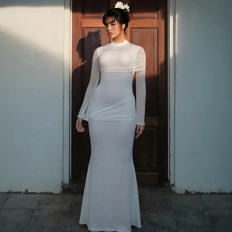 Mesh Patchwork Long Sleeve Maxi Dress White Elegant Dresses for Woman for Party Evening Gown Fall Winter 2025