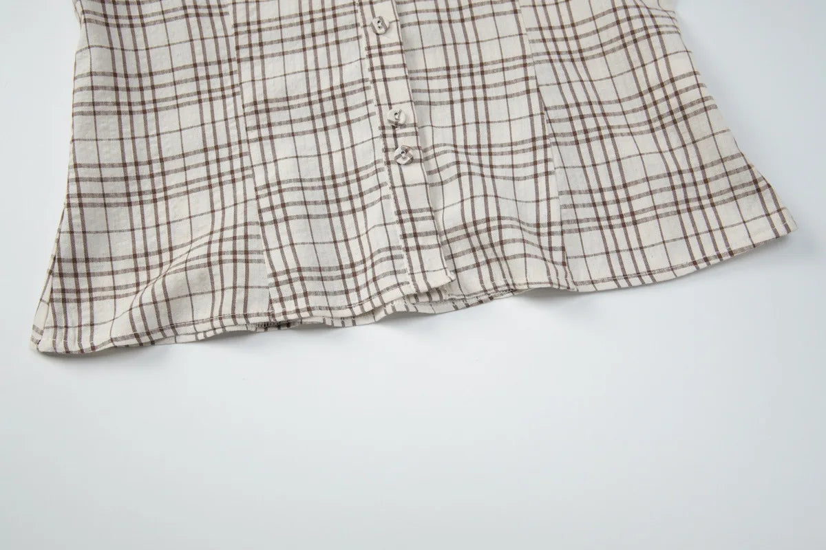 Fitted Button Up Shirt Plaid Print Short Sleeve Tops Y2k Vintage Summer Clothing for Woman 2026