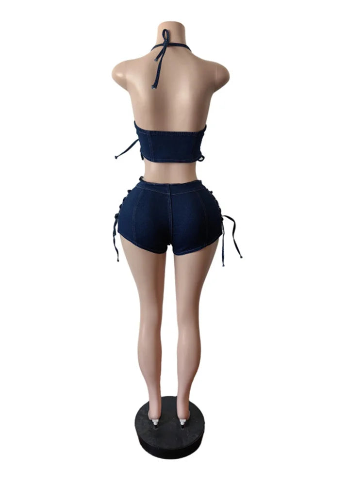Shirring Decoration Denim 2 Piece Set Women Halter Low-Neck Backless Tops+Skinny Shorts Hottie Street Fashion Suits