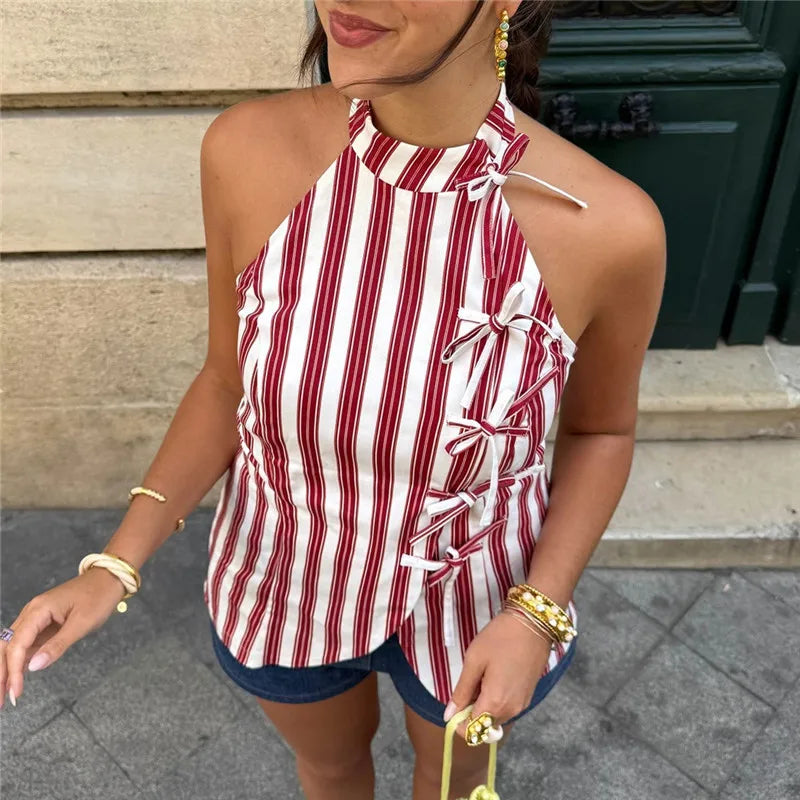 Women's Oriental Striped Halter Neck Top Chinese Knot Button Side Asymmetric Hem Backless Summer Casual Blouse