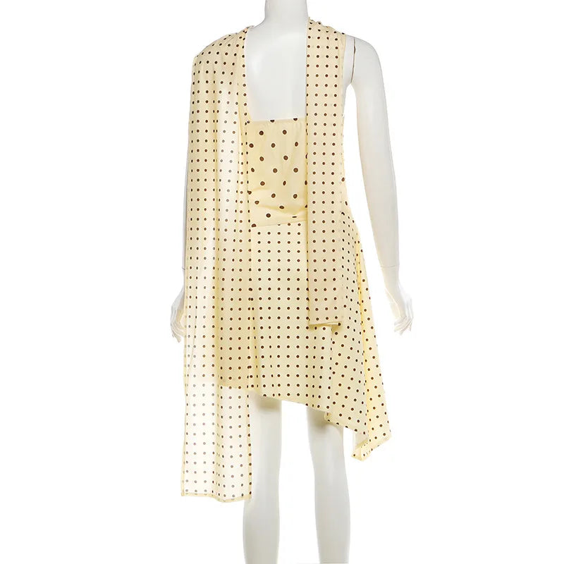 Yellow Polka Dot Summer Dresses Women's Casual Asymmetrical Sleeveless Mini Dress with Scarf