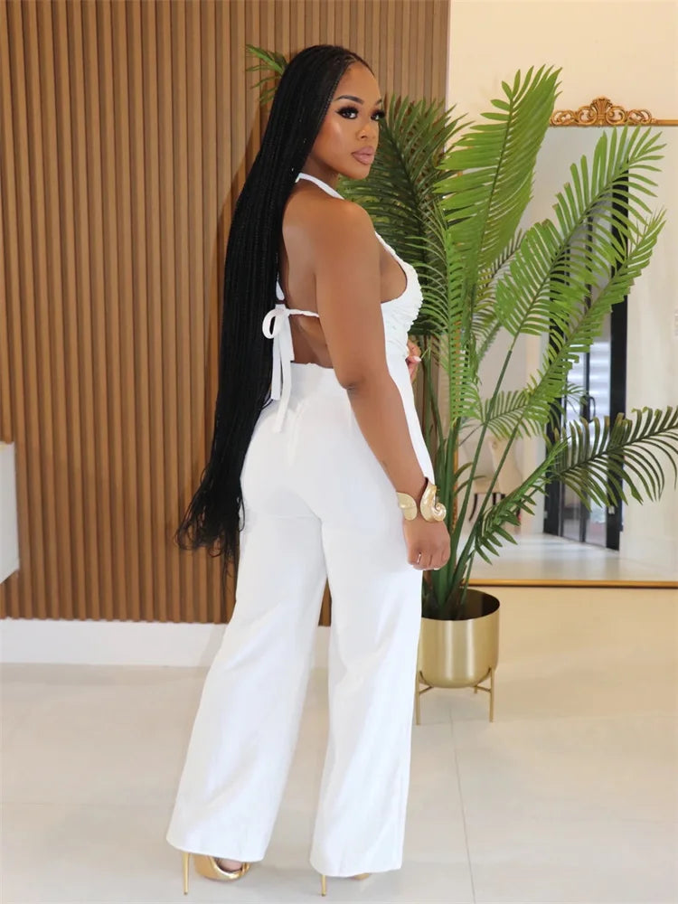 Sexy Hollow Beads Decoration Flared Jumpsuits Women Lace-Up Halter Sleeveless Backless 2025 Street New Trend Overalls