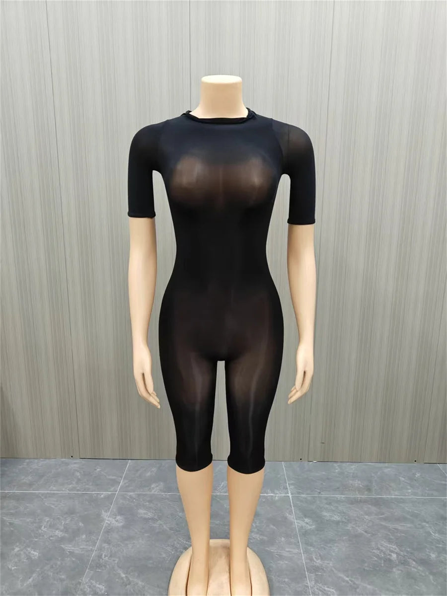 See Through Romper Women Sexy Fashion Half Sleeve Turtleneck Simple Hottie Chic Trend Midnight Street Club Playsuits