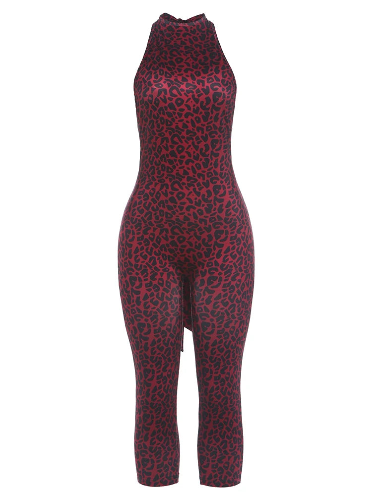 Wild Midnight Street Romper Women Leopard Print Halter Backless Bandages Sleeveless Fashion Club Party Playsuits