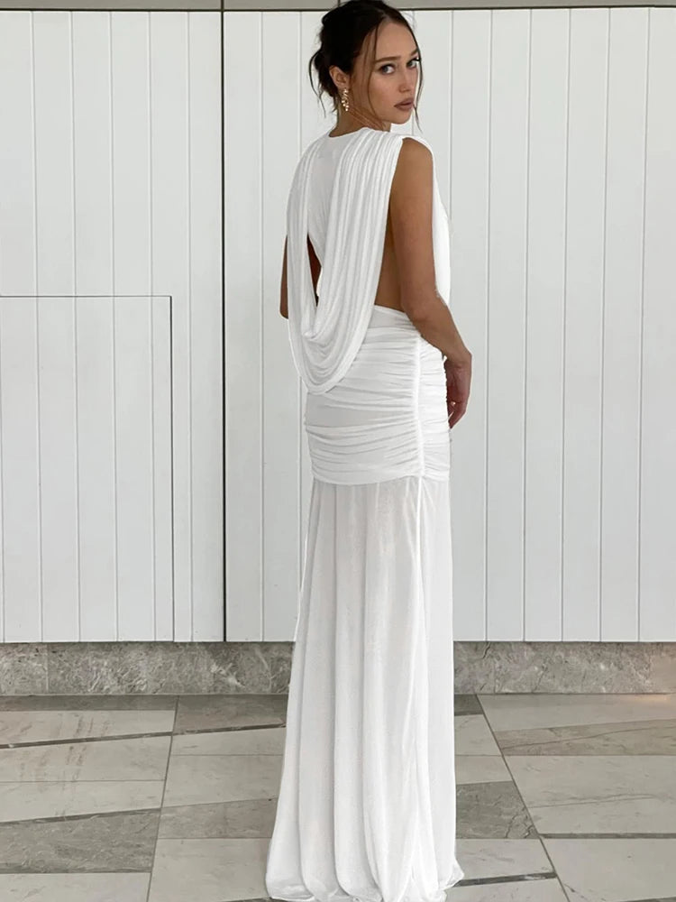 Ruched Elegant Dress Women Sexy Deep V-Neck Sleeveless High Elasticity Wrap Buttocks Beach Party Solid Long Bodycon