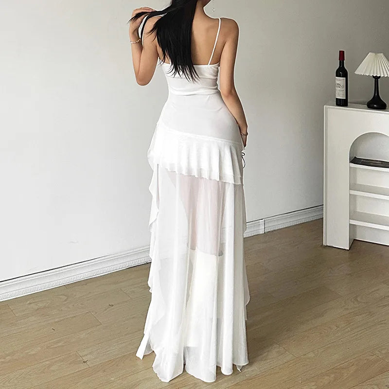 Y2k Sexy Mesh Ruffle Irregular High Low Dress White Black Sleeveless Long Dresses Summer Clothes Women 2024