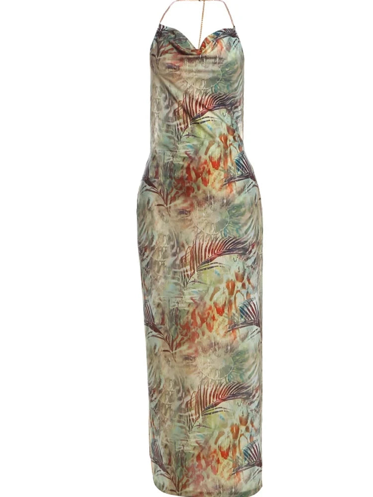 Floral Print Dress Women Bead Chain Halter Swing Collar Backless Vacation Fashion Beach Party Elegant Long Bodycon
