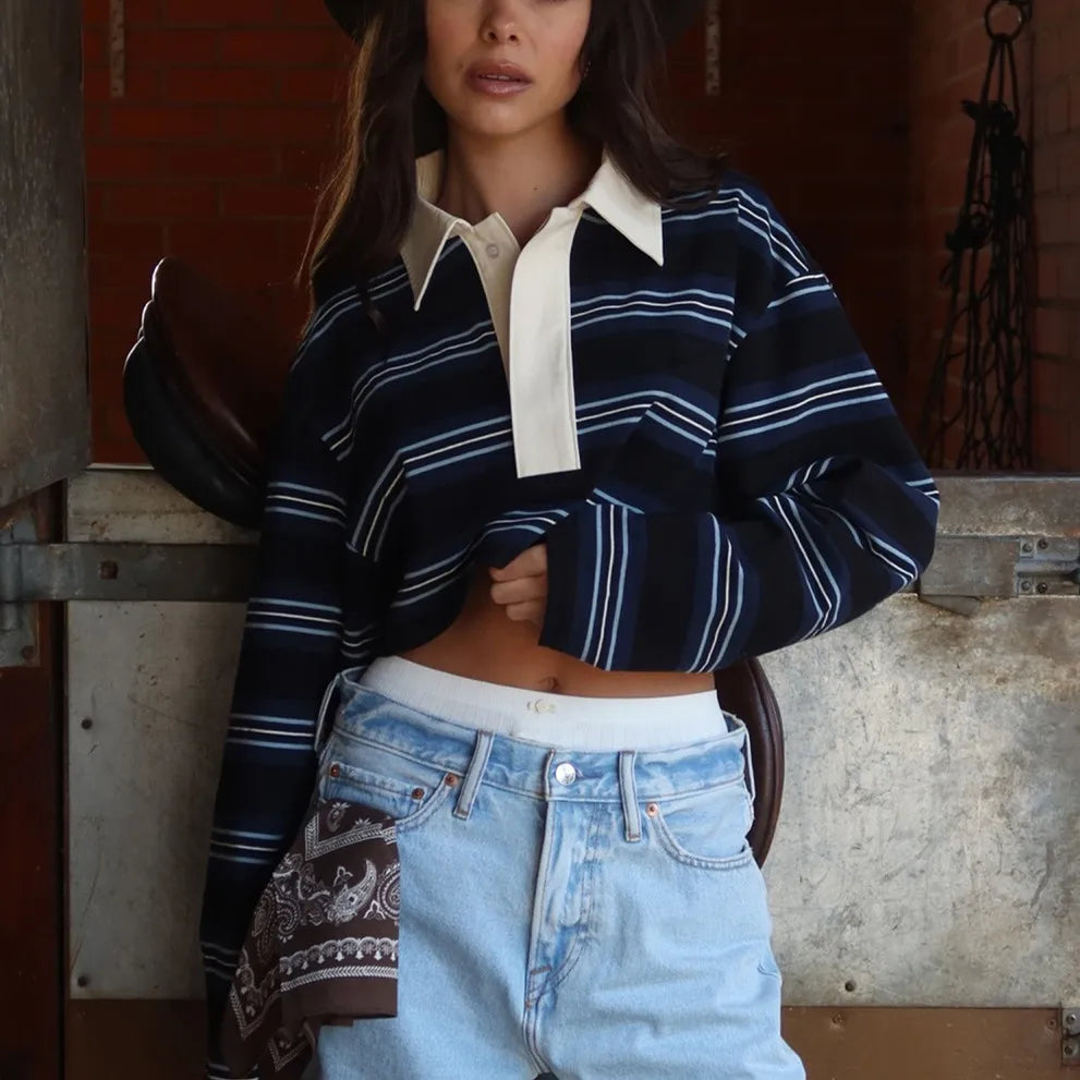 Women Long Sleeve Striped Shirts Tops Loose Fit Button Up Rugby Shirts Blouse Vintage Preppy Aesthetic Sweatshirt