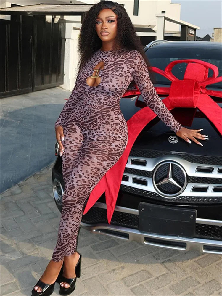 Sexy Hollow Jumpsuit Women Wild Leopard Print Bandage Backless Skinny Peach Hip Midnight Trend Club Party Overalls