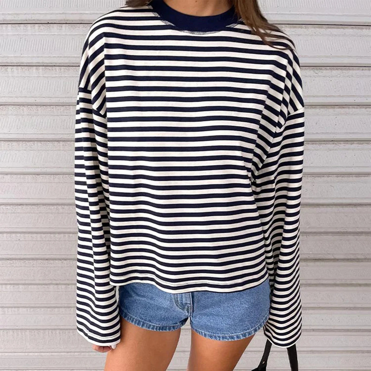 Round Neck Print Striped Pullover Women T-shirt Long Sleeve Casual Y2k T-shirt Femme Autumn Loose Elegant Streetwear