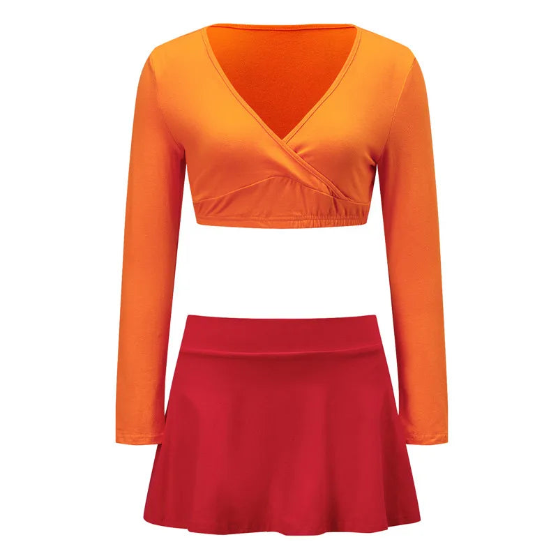 Y2K Women Velma Cosplay Costume Long Sleeve Wrap V Neck Crop Top High Waist Mini Skirt Party Two Piece Set