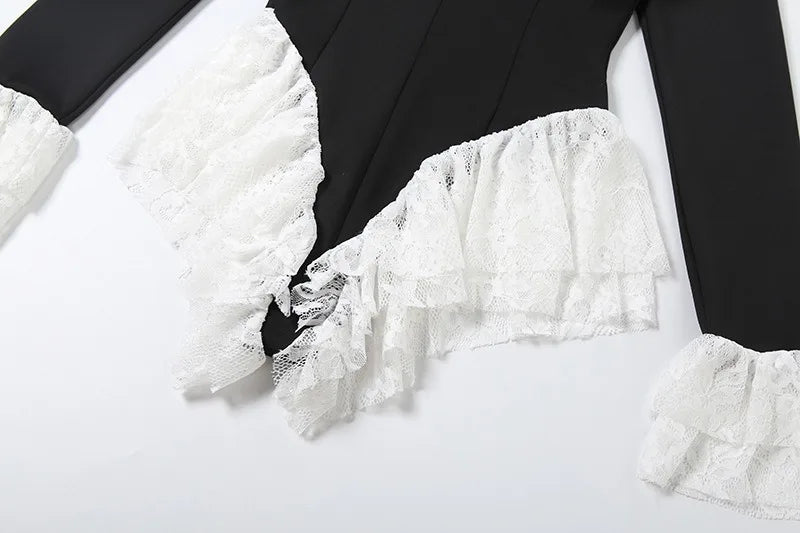 Deep V Neck Long Sleeve Shorts Jumpsuit Sexy Lace Patchwork One Piece Black Outfits Boutique Clothing Woman