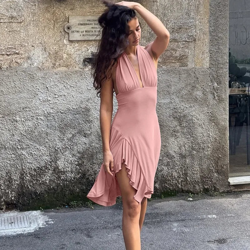 Sexy Deep V Neck Backless Midi Dress Flowy Elegant Pink Dresses 2025 Woman Clothes