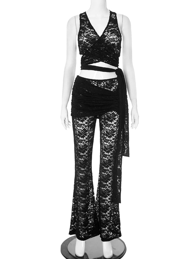 Jacquard Women 2 Piece Set Thin Summer Trend Backless Bandage Cross Tank Tops+Skirts Pants Matching Clubwear Outfits