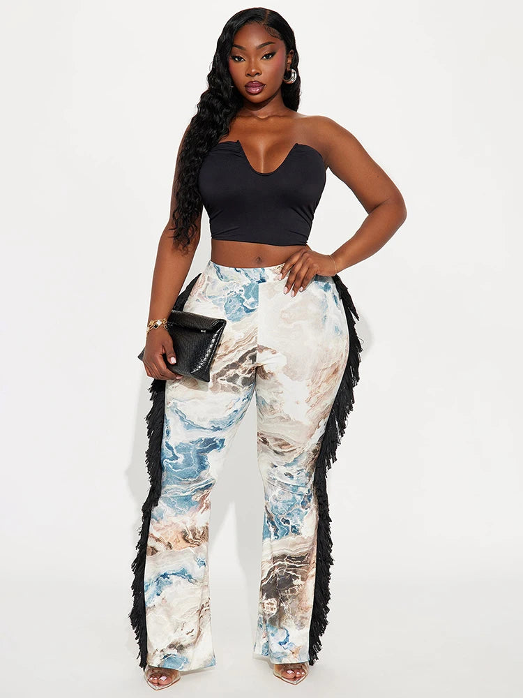 Side Tassel Flare Pants Women Patchwork Autumn Trend Colorful Print Sexy Wild Slim Street Skinny Clubwear Trousers