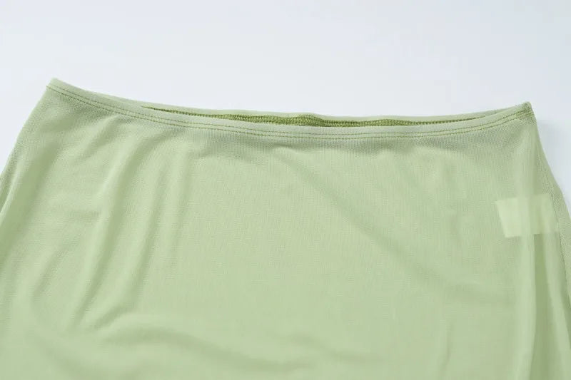 Sexy Vacation 2 Piece Sets Green See Through Mesh Patchwork One Shoulder Top and Long Skirt Set Women Outfit