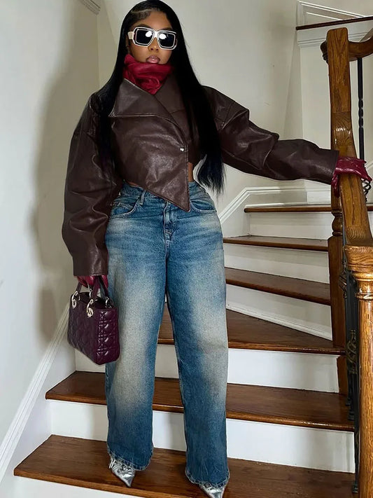 Faux Leather Crop Jacket Women Cross Neck Hipster Single Button Irregular Fall Trend Wild Basic Sexy Streetwear Coat