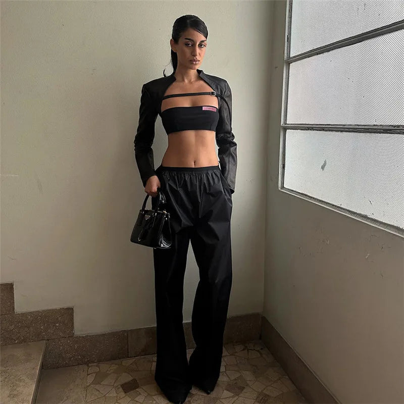 Crop PU Leather Jacket Women with Tube Top Two Piece Set Streetwear Fashion Black Coats Winter Clothes
