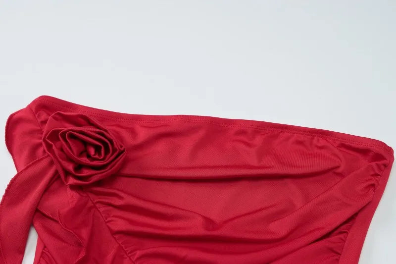 Sexy 2 Pieces Set for Woman Red Outfits 3d Flower-applique Ruffle Tube Top and Mini Skirt Summer Clothes 2025