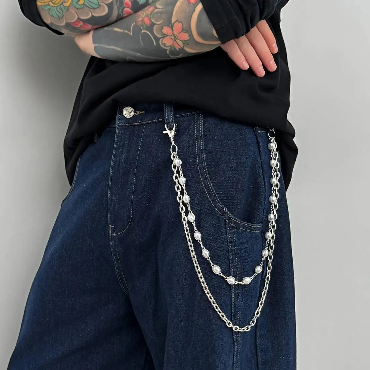 Vintage Imitation Pearl Keychain Wallet Belt Chain for Men Women Hip Hop Trousers Jeans Chain Steampunk Jewelry Gift