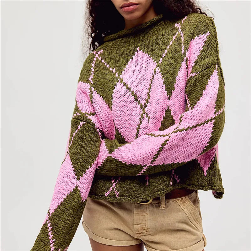 Oversized Cropped Knit Sweater Women Roll Neck Floral Jacquard Pattern Contrast Trim Long Sleeve Loose Pullover Knit Top