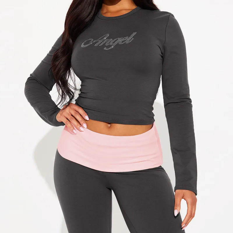 Casual Two Piece Set Women Outfits Rhinestone Long Sleeve Top Flare Pants Suit Pajama Fall Clothes Women 2024