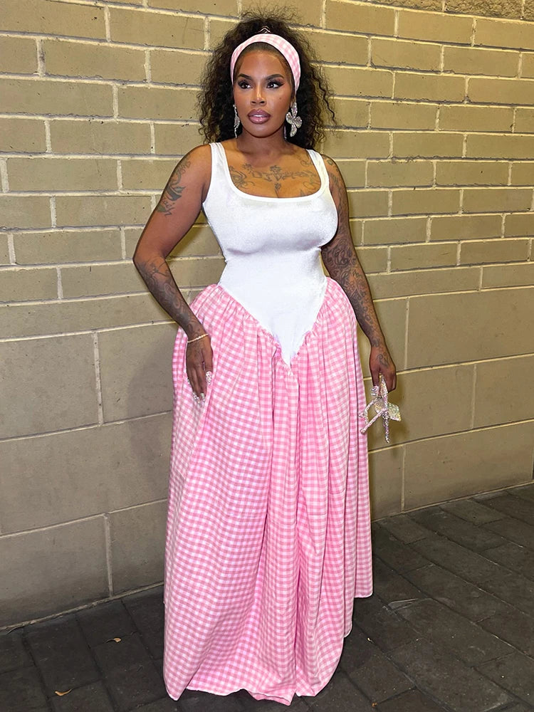 Patchwork Plaid Maxi Dress Women Square Collar Sleeveless Folds Loose Hem Summer Midnight Birthday Party Vestidos