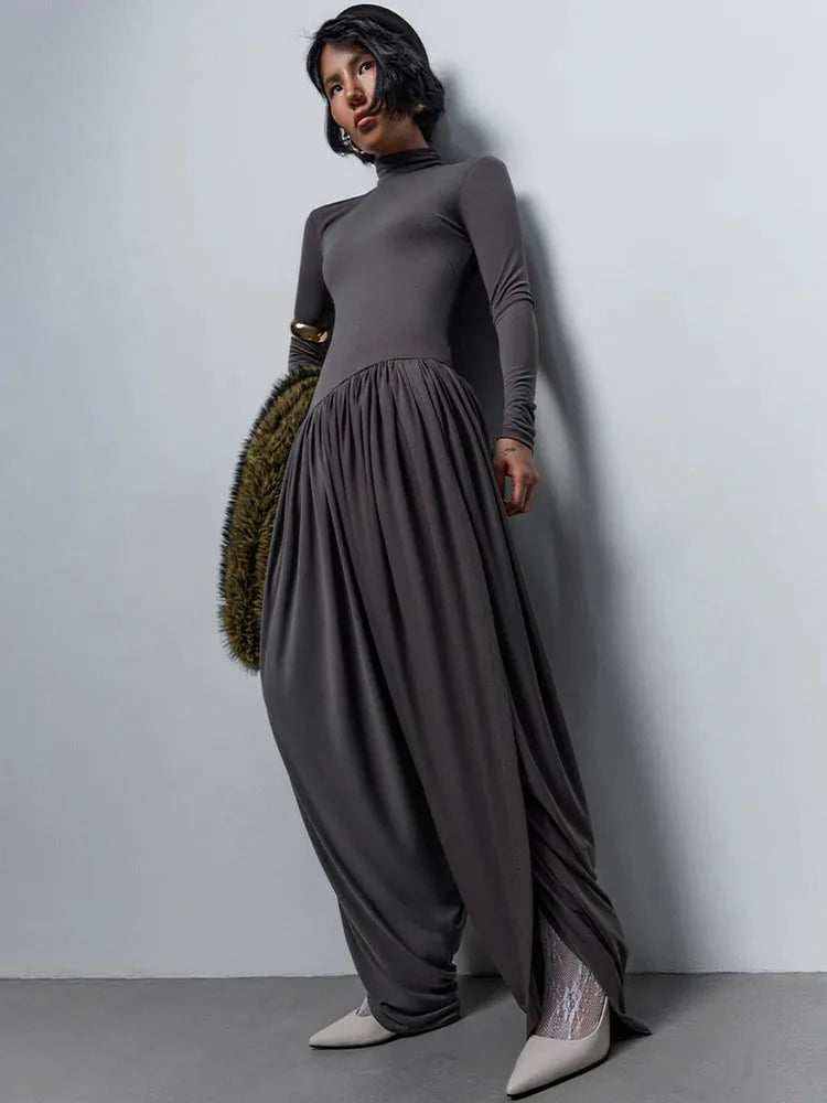 Long Sleeve Draped Sexy Jumpsuit Women Overalls Autumn Winter New Patchwork Solid Turtleneck High Waist Slim Jumpsuis