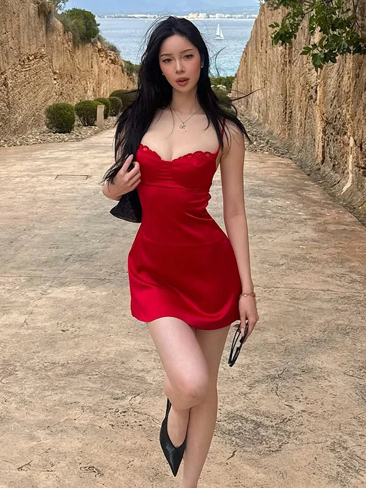 Low-Neck Dress Women Lace Patchwork Sleeveless Skinny Satin Summer Trend Party Midnight Sexy Chic Classic Bodycon