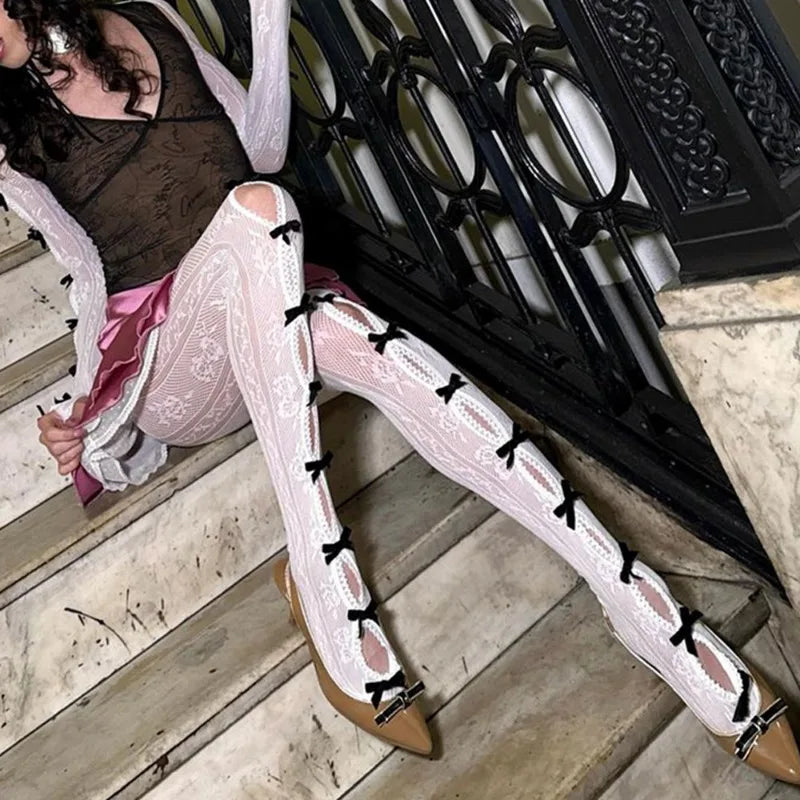 See Through Lace Mesh Hollow Bow Tie Leggings High Waist Stockings Y2k Sexy Lingeries for Woman Tights