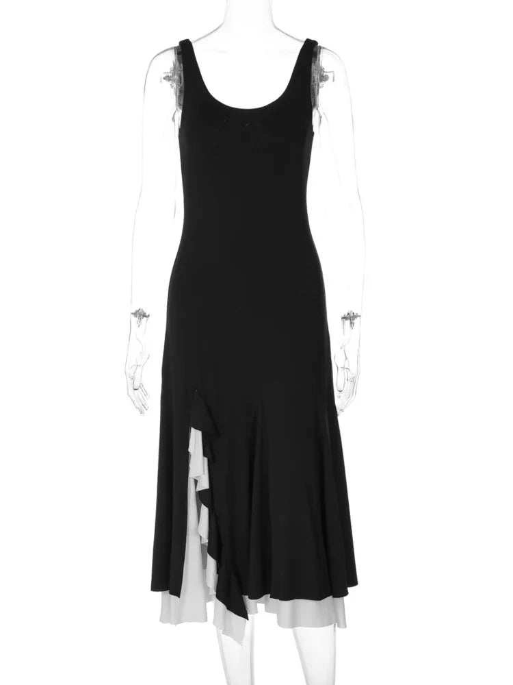 Women Black Sleeveless Midi Dress U Neck Slim Fit Contrast White Ruffle Split Long Dress Elegant Holiday Party Dresses
