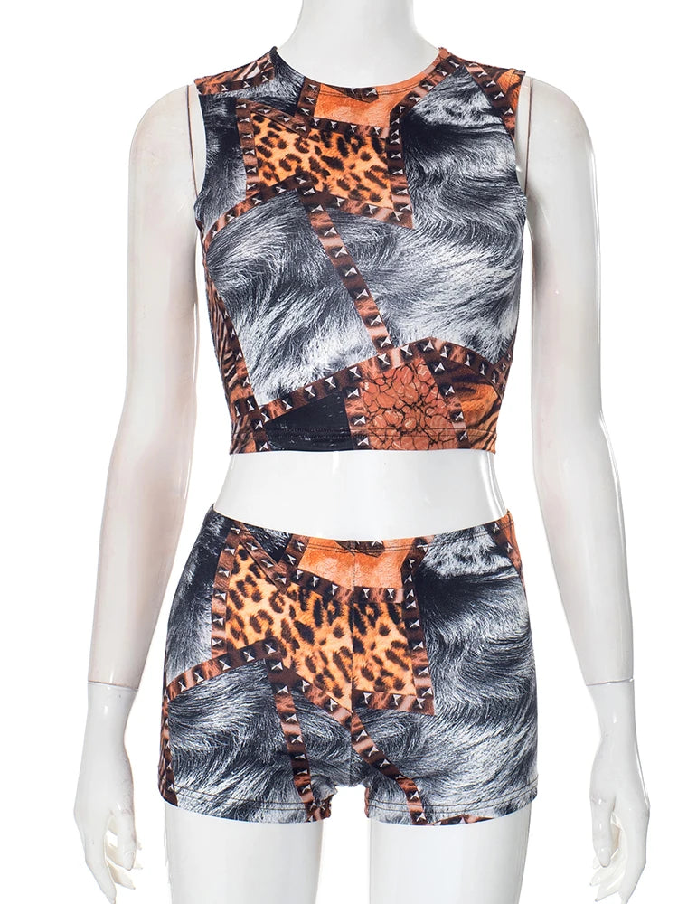 Colorful Print 2 Piece Set Women Casual O-Neck Tank Tops+Skinny Shorts Matching Hottie Sexy Sporty Activity Tracksuit