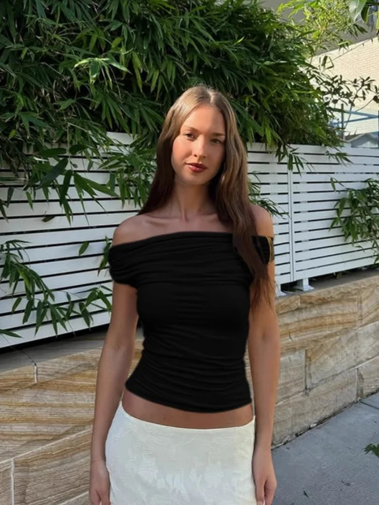 Hardwear Detail Off Shoulder Crop Tops Fashion 2025 Summer Clothes for Women Sexy Tight Fitted T Shirts
