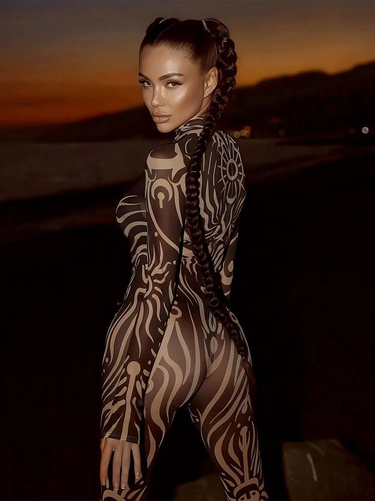 Sexy Striped Print Jumpsuits Women Wild Style Turtleneck Full Sleeve Midnight Party Club Stretch Streetwear Overalls
