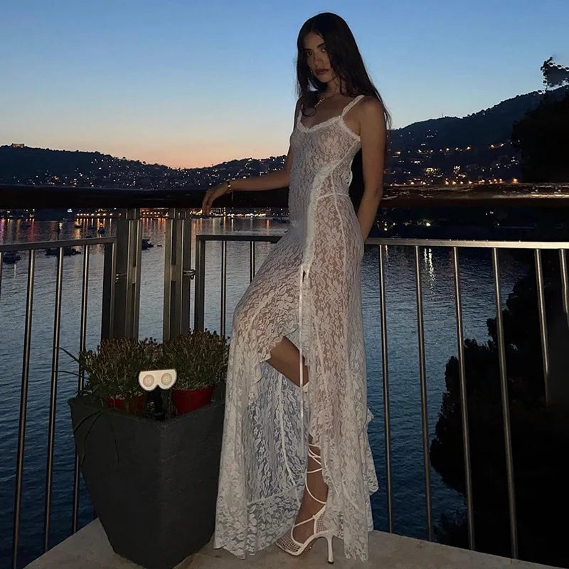 Sexy See Through Lace White Dress Party Night Elegant Ruffle High Split Maxi Long Dresses Summer Y2k Fairycore