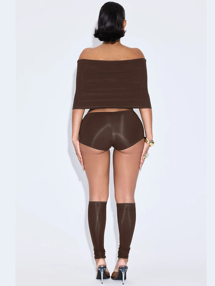 Hipster 3 Piece Set Women Slash Neck Mid Sleeve Crop Tops+Shorts+Foot Cover Simple Summer Trend Matching Streetwear