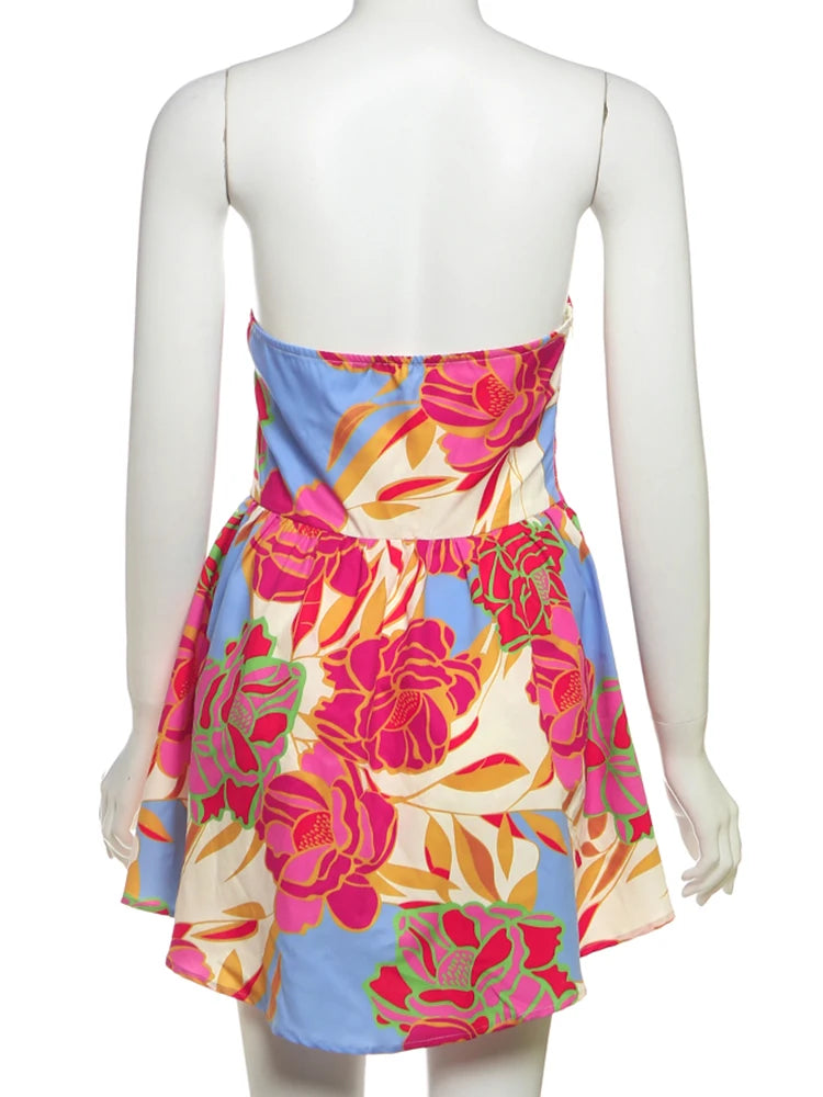 Colorful Print Strapless Dress Women Sexy Off Shoulder Backless Ruched Ruffles Vacation Y2K Sweet Style Mini Bodycon