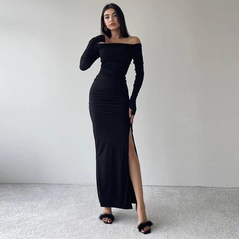 Off The Shoulder Long Sleeve Side Split Dress Elegant Evening Party Dresses Women Sexy Clothes Winter 2024