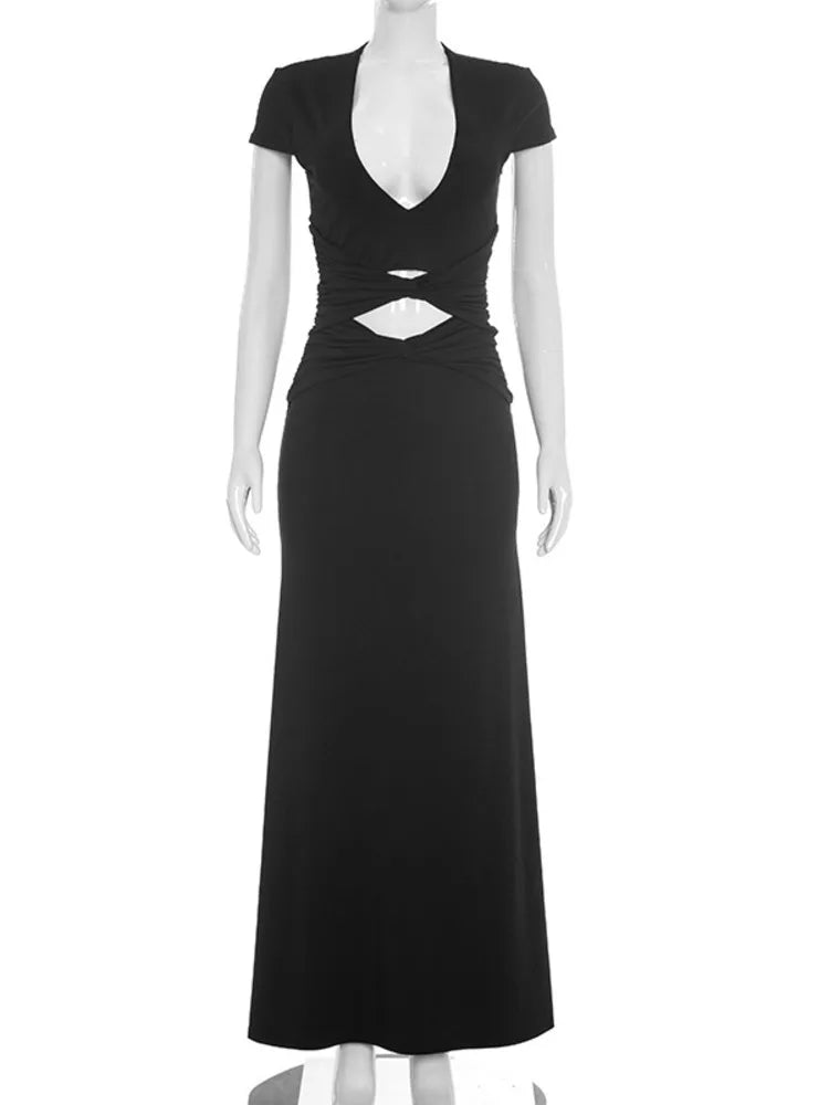 Deep V Cap Sleeve Maxi Dress Women Twist Ruched Waist Cut Out Bodycon Long Dress Night Out Wedding Guest Party Gown