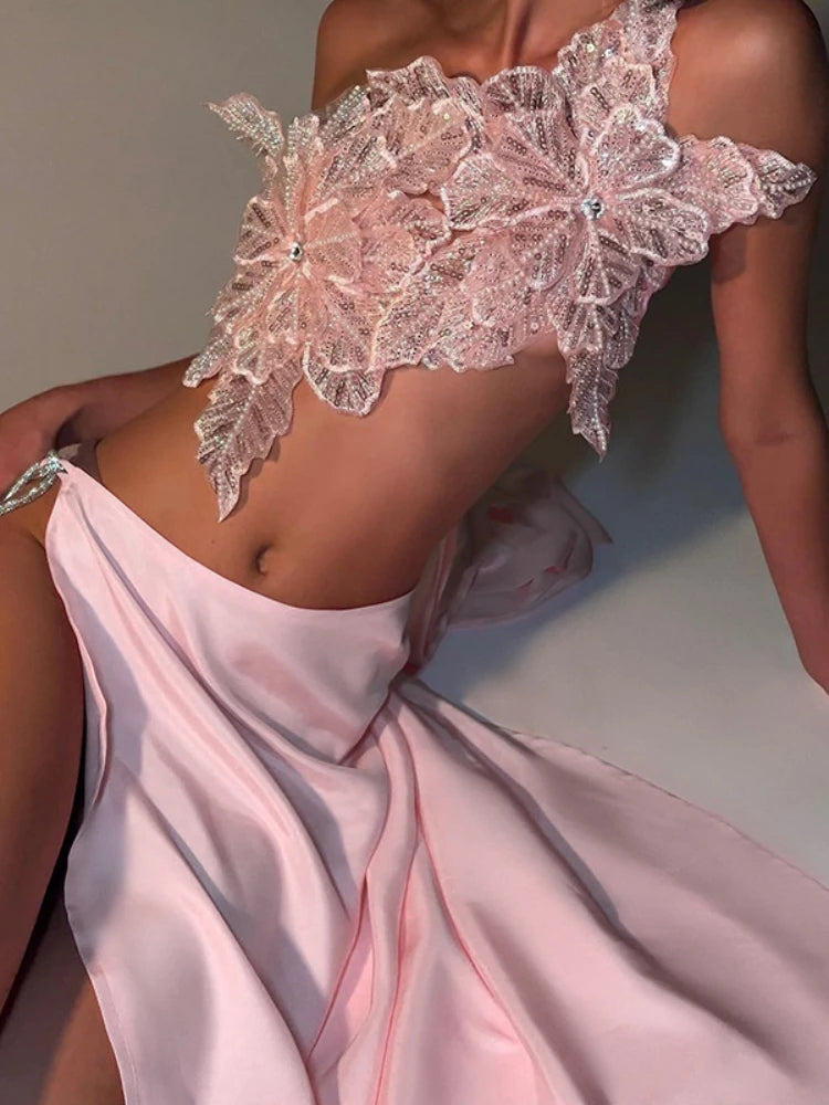 White Sexy 2 Piece Sets Women Party Outfit Sequined 3d Floral-applique Lace-up Crop Top Split Long Skirt Set