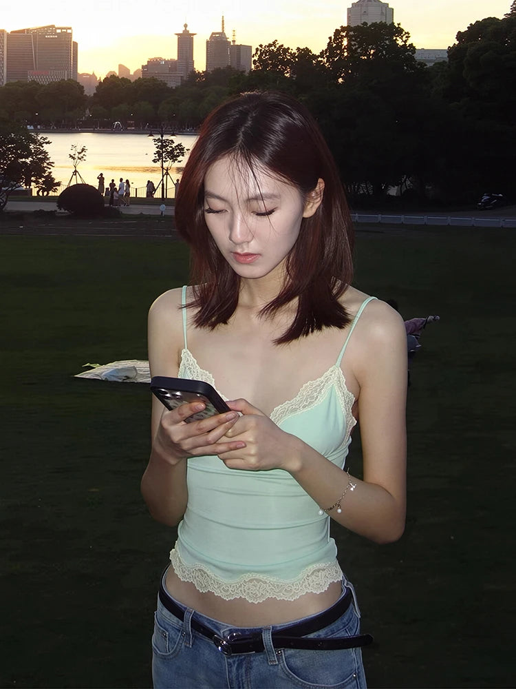 Autumn Trend Camisole Women Simple Lace Patchwork Sweet Sexy Low-Neck Backless Vacation Midnight Classic Street Vests