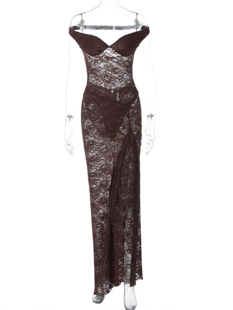 Lace See Through Sexy Two Piece Set Women Elegant Off-shoulder Backless Bodysuit And Maxi Skirt Matching Club Dress Set