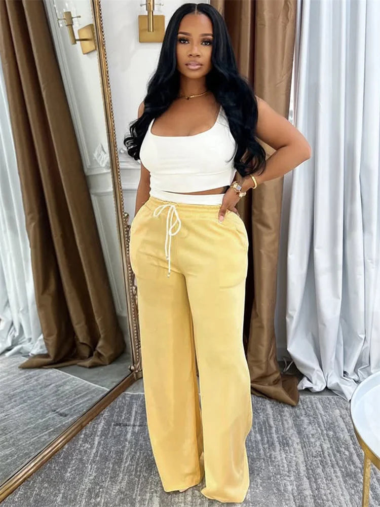 Casual Tracksuit 2 Piece Set Women Simple Solid Tank Tops+Drawstring Patchwork Straight Pants Fashion Sporty Sets