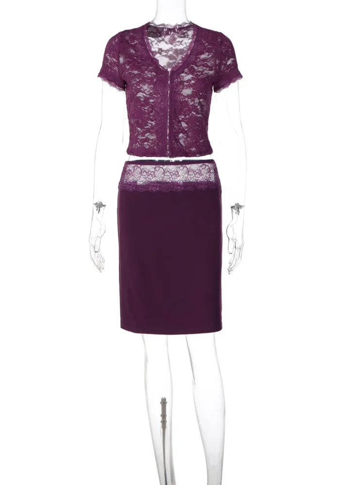 Women 2 Piece Set Lace Short Sleeve Crop Top Midi Skirt Set V Neck Bodycon Skirt Suit Evening Club Party Matching Sets