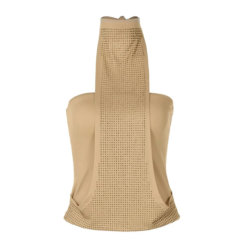 Women Rhinestone Halter Top Sleeveless Backless Tie Neck Tube Top Y2K Sparkly Mesh Patchwork Tank Top Party Clubwear