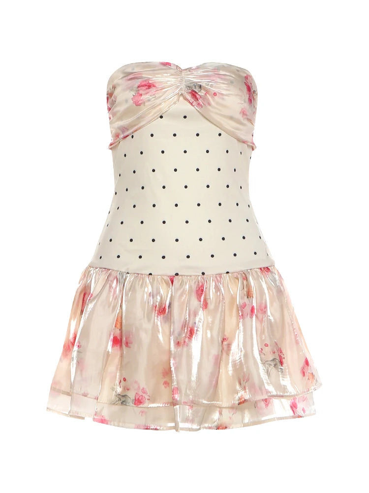 Patchwork Dress Women Polka Dot Floral Print Folds Tierred Skinny Summer Fashion Sweet Style Vacation Mini Bodycon