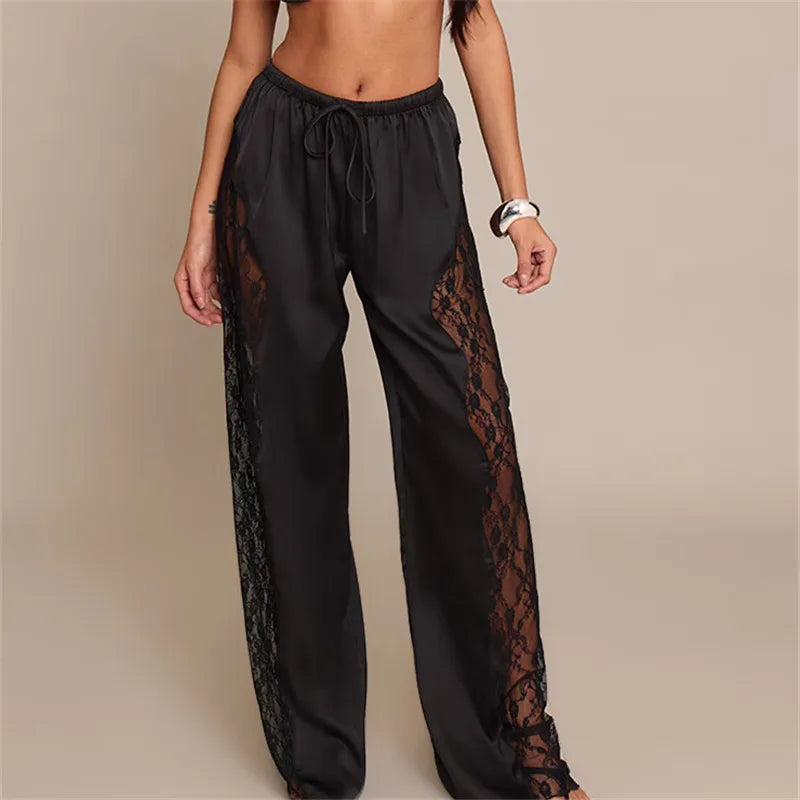 Women's Satin Wide Leg Trousers Lace Patchwork High Waisted Drawstring Lounge Pants Elegant Loose Fit Bottoms