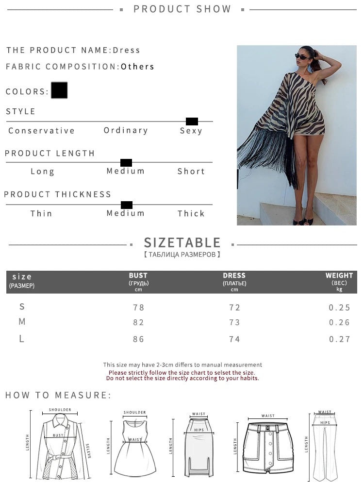 Sexy Tassel Patchwork Dress Women Elegant Zebra Stripes Skew Collar Off-Shoulder One Puff Sleeve Trend Party Bodycon